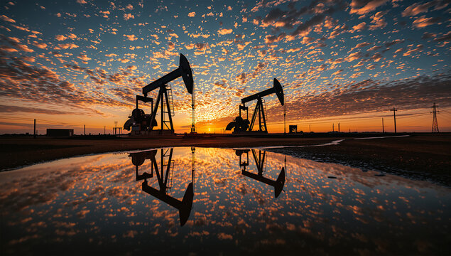 夕焼け空の下で採油機が水たまりに映り込む油田の産業風景