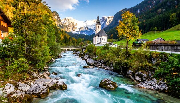 Parish Church Of Sebastian Scenic Landscape Photograph Vibrant Turquoise River And Green Alpine Valley In Ramsau Berchtesgaden Germany