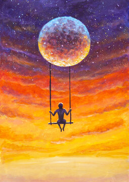 Person swinging from a colorful moon in a starry surreal sky