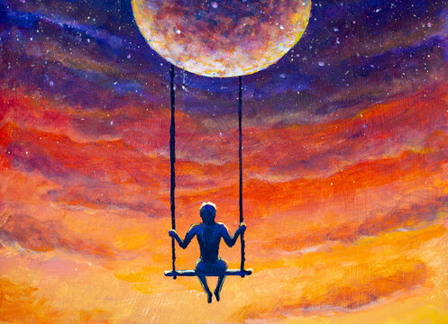 Person sitting on swing under huge moon painting