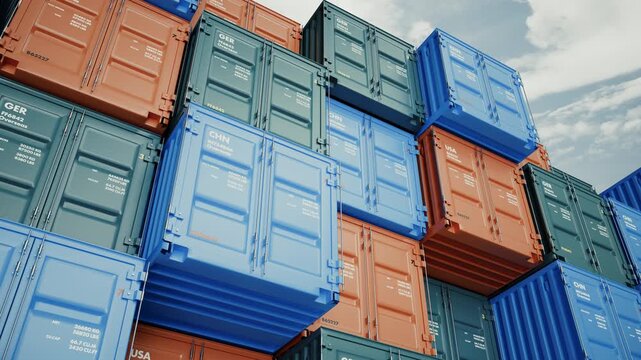 Stacked Shipping Containers with Sky Background Loop, Industrial Cargo and Global Logistics Concept