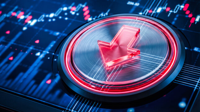 glowing red downward arrow round metallic glass button blurred financial stock market graph chart background economic crisis bankruptcy falling prices investment loss concept