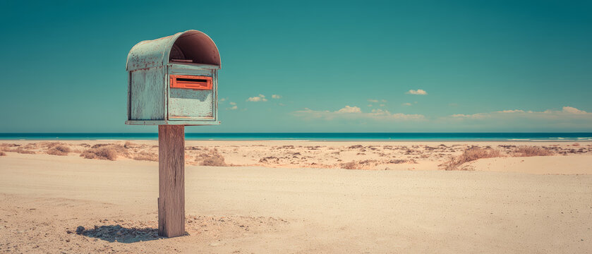Rusty mailbox desert beach minimal, lonely postbox sand road horizon under clear turquoise sky feeling solitude and quiet wanderlust