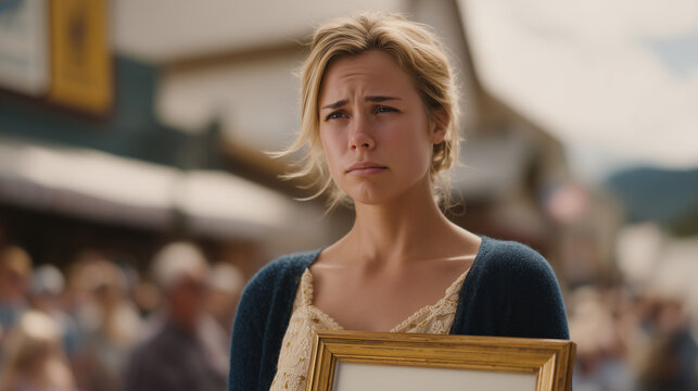 Mother holding framed portrait of uniformed son at Memorial Day community parade, tears visible, crowd blurred behind her, gold star family grief, spring patriotic occasion, military mother tribute 