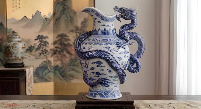 Japanese White Jade Jug with Dragon Sculpted Porcelain Detail