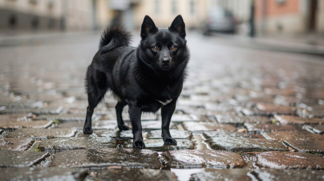 Schipperke Low Angle Urban Cobblestone Wildlife Telephoto Shot Natural Frame Copy Space