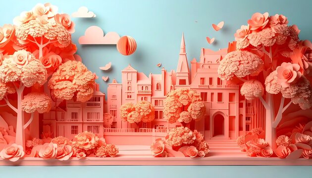 Peach 3d Paper Cut Cityscape Miniature Illustration With Floral Trees And European Buildings On Blue Background Diorama Art