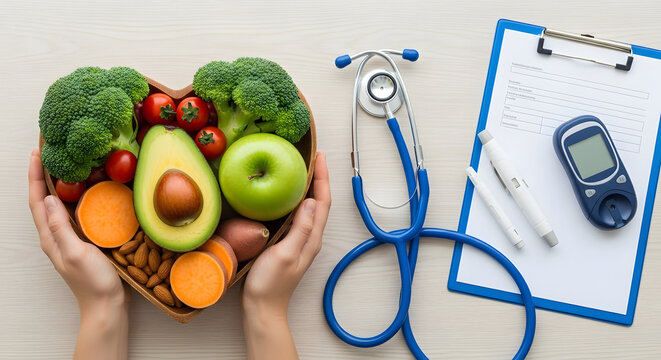 Hands holding a heart-shaped bowl filled with healthy foods, next to a stethoscope and medical equipment.