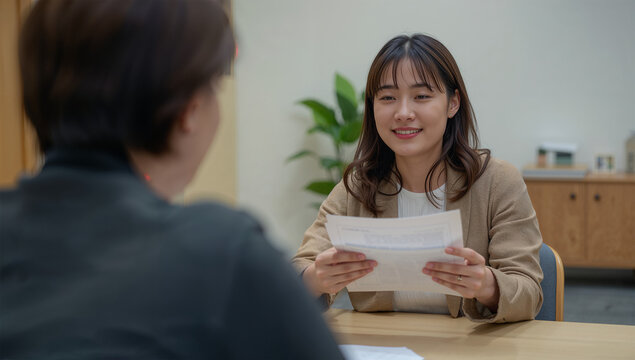 支援窓口で生活相談の書類を手に話す日本人女性、福祉サービスの対面案内
