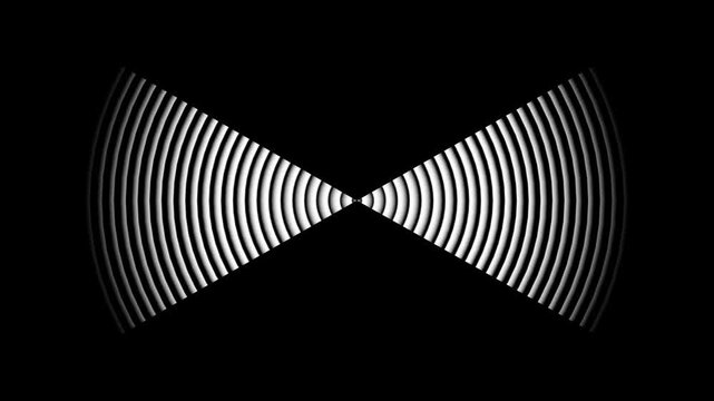 Abstract white circles radiating in bow tie shape pulsating outwards against black background.