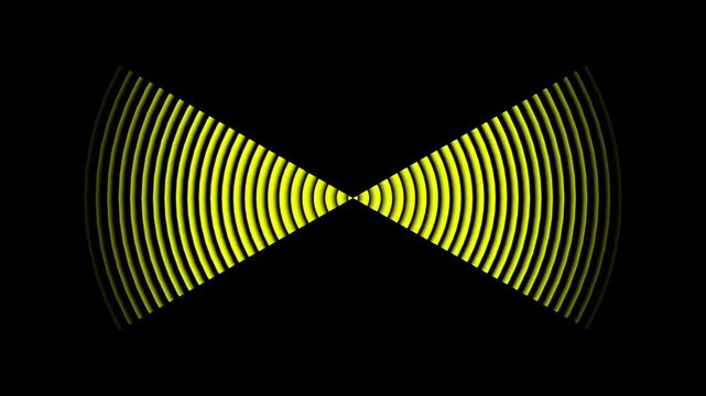 Dynamic yellow sound waves expanding in bow tie shape on black background with glow effect.