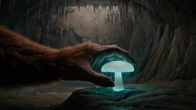 A hairy hand gently holds a glowing mushroom in a mystical cave setting, fantasy and magic concept