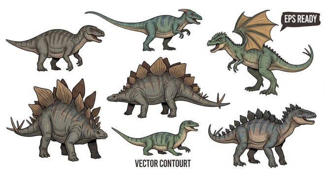 Collection of Prehistoric Dinosaur Illustrations on White Background.