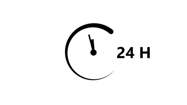 Minimalist clock icon animation with rotating hands and twenty four hours text on white.