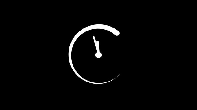 Minimalist clock icon with rotating hands and circular loading line animation on black bg.
