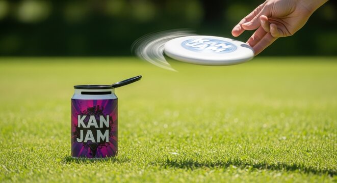 Action-packed outdoor game with hand throwing frisbee towards Kan Jam can on lush green grass. Kan Jam setup includes flying frisbee and colorful can for an engaging summer activity.