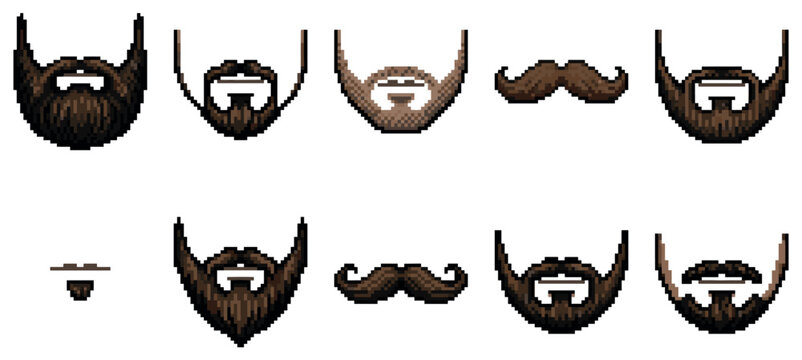 This pixel art collection features a variety of beard and mustache styles in brown tones, perfect for retro gaming or digital design projects.