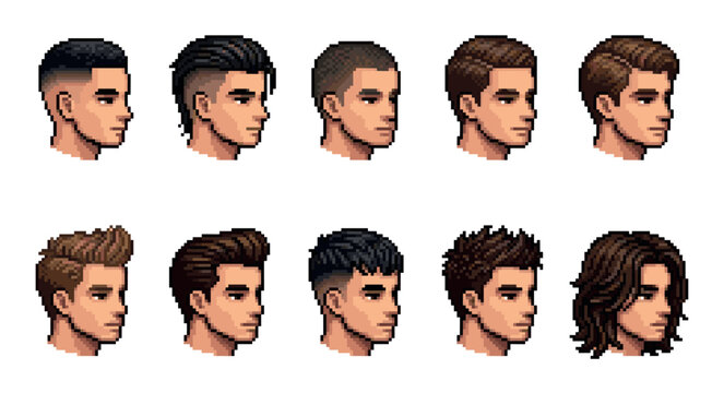 A collection of ten pixel art portraits showcasing diverse male hairstyles and cuts, from fades to longer styles, against a clean white background.