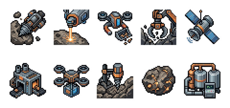 Collection of pixel art icons depicting futuristic space mining equipment, drones, and infrastructure against a white background.