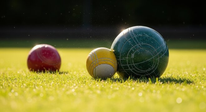 Colorful bowling balls on green grass with sunlight reflecting off surface. Bowling balls include red, yellow, and green variations showcasing vibrant colors on grassy field.