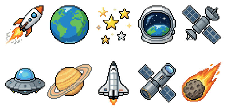 A collection of pixel art icons depicting various space elements including a rocket, planet Earth, stars, astronaut helmet, satellites, a UFO, Saturn, a shuttle, and a meteorite.