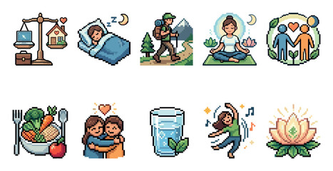 Fototapeta premium A collection of pixel art icons illustrating a balanced lifestyle including work-life balance healthy eating sleep meditation relationships and activity.