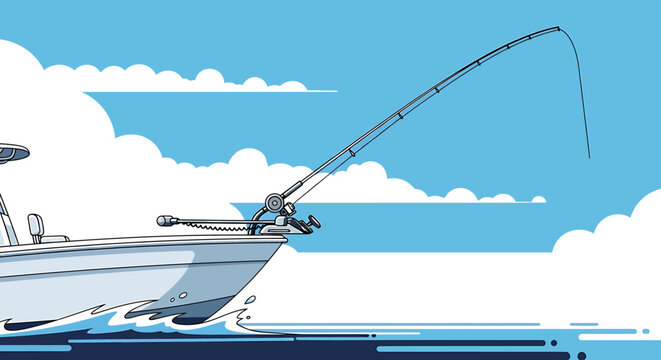 Fishing Rod Bent Over Boat, Catching Fish in the Ocean, Blue Sky.
