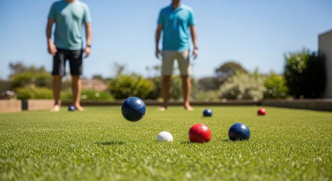 Friends playing lawn bowls on green grass, featuring red, blue, and white balls rolled on the field.