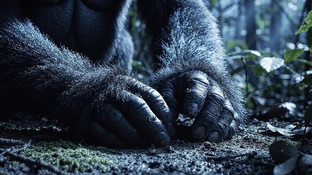 An imposing, dark hairy hand, covered in coarse fur, with tough, leathery palms gently resting on the mossy forest ground, evoking the raw power of the wild