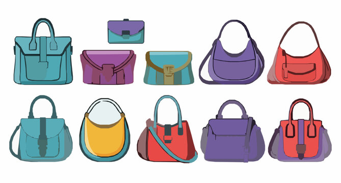 Colorful women fashion bags vector set with cartoon flat handbags clutches and casual shopper accessories