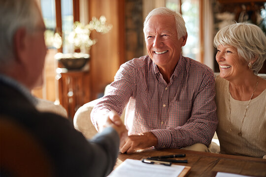 Smiling senior couple shaking hands with an advisor during a home consultation &mdash; retirement planning, estate agreement and trust signing