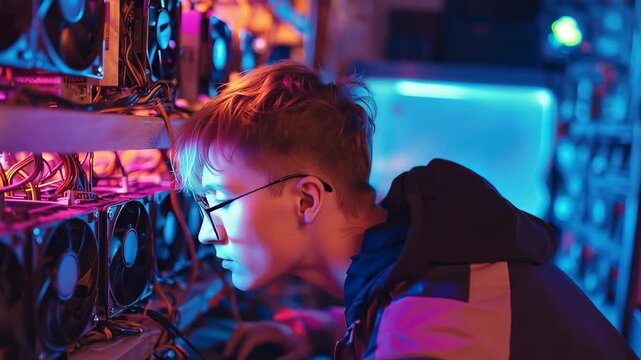 Young computer engineer focuses on Ethereum mining setup in a vibrant, colorful environment filled with hardware at night