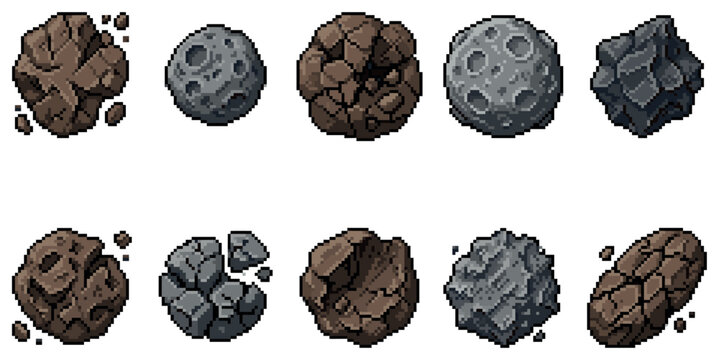 A collection of ten pixel art objects featuring various asteroids and rocks in shades of grey and brown, ideal for game development or graphic design.