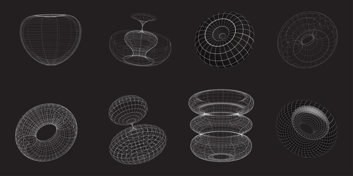 set of 3d wireframes, futuristic geometric shapes, digital grid mesh elements, abstract tech line art, virtual reality structures, engineering blueprint mesh, scientific wireframe render