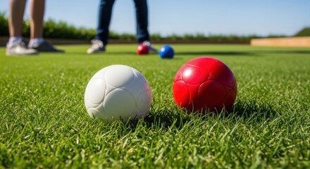 Naklejka premium Colorful bocce balls on green grass in a sunny outdoor setting. Bocce balls, one red and one white, are positioned on the lawn as players prepare for the next round.