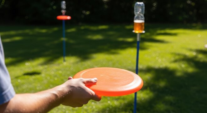 Exciting outdoor game with vibrant frisbee in hand ready for tossing, featuring targets on poles and sunny green grass field. Fun backyard activity for friends and family.