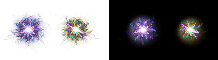 Obraz premium PNG image of&nbsp;Vibrant colorful abstract fractal star shapes radiating glowing light beams set isolated on transparent background