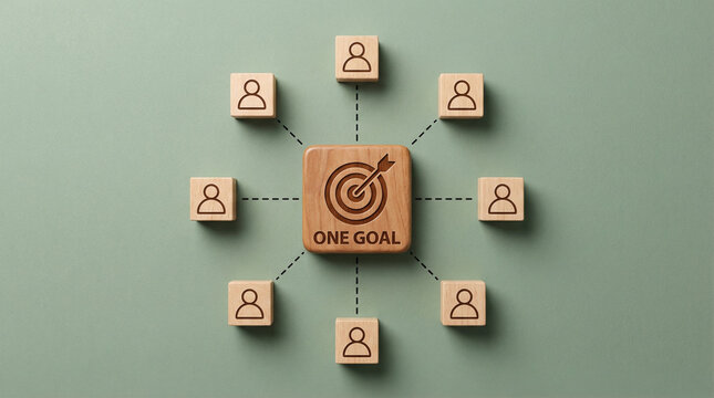 Wooden blocks connected to central one goal target icon, symbolizing unified vision, teamwork and alignment, representing business strategy, collaboration, leadership and shared objectives across team