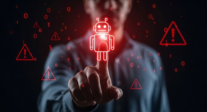A man in a blue shirt interacting with a glowing robot icon surrounded by warning signs and binary code