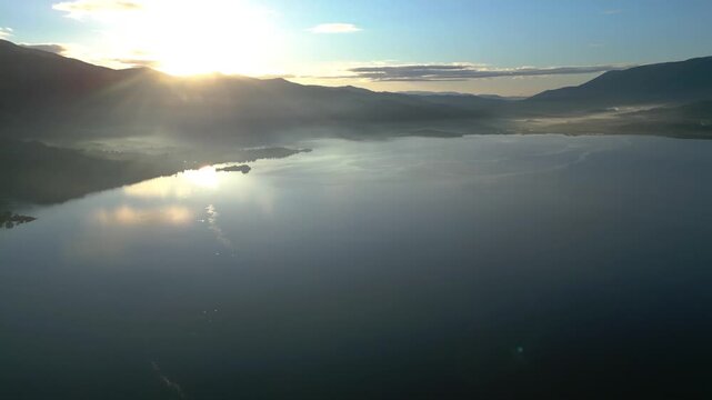 Breathtaking Aerial View of Bafa Lake at Sunrise with Fog and Ancient Ruins, Turkey. High quality 4k footage