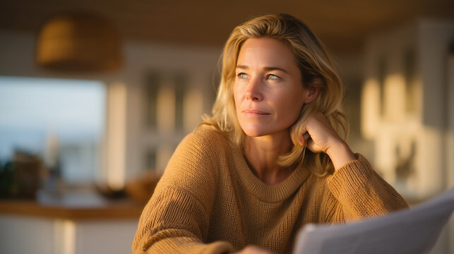 Woman in her fifties sitting alone at kitchen table at golden hour, holding hormone therapy prescription pamphlet, menopause treatment decision, HRT medication information, midlife womens health cho
