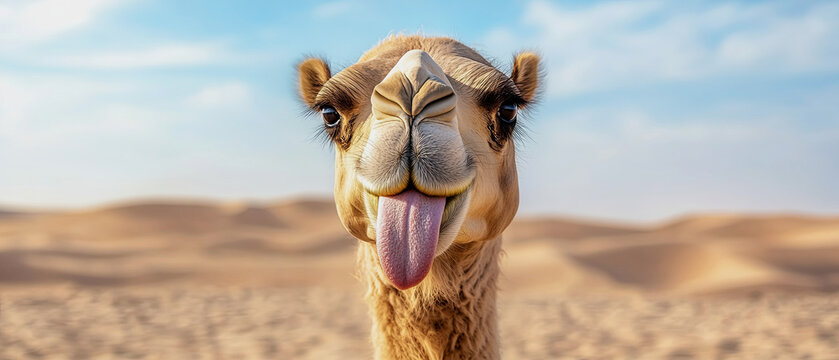  camel with a light brown face and fluffy fur, looking directly at the viewer with its tongue extended downwards