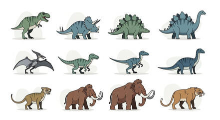 Collection of prehistoric animals including dinosaurs and mammals. © Yanto