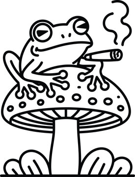 Cool frog sitting on a mushroom smoking a joint, line art illustration