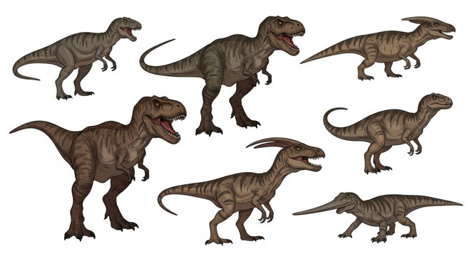 Collection of Realistic Dinosaur Illustrations on White Background.
