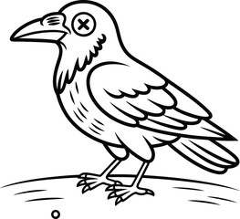 Obraz premium Cartoon raven bird with an xshaped eye, black and white line art illustration