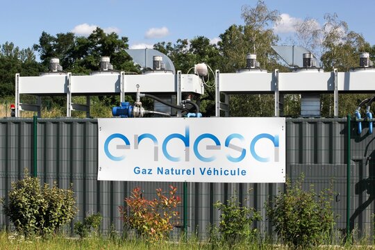 Saint Etienne, France - June 21, 2020: Endesa CNG/Bio-CNG station. Endesa is the largest electric utility company in Spain. The firm, a majority-owned subsidiary of the Italian utility company Enel
