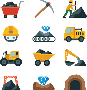 mining icon pack flat vector mining tools machinery symbols