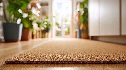 Fototapeta premium Close-up view of natural cork flooring with subtle wood grain texture, showcasing its organic warmth and eco-friendly properties in a home interior.