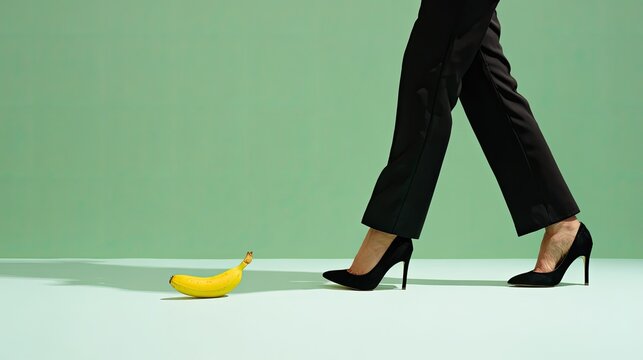 Woman in high heels narrowly avoids slipping on a banana peel.